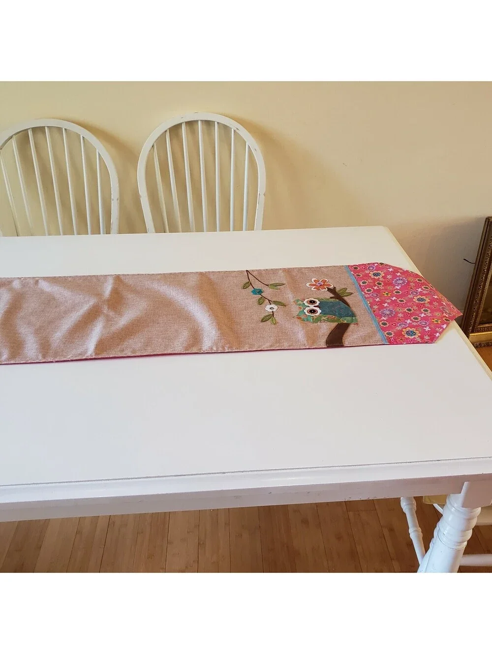 Owl Table Runner Floral Felt Applique Embroidery Ribbon Spring Summer Pink